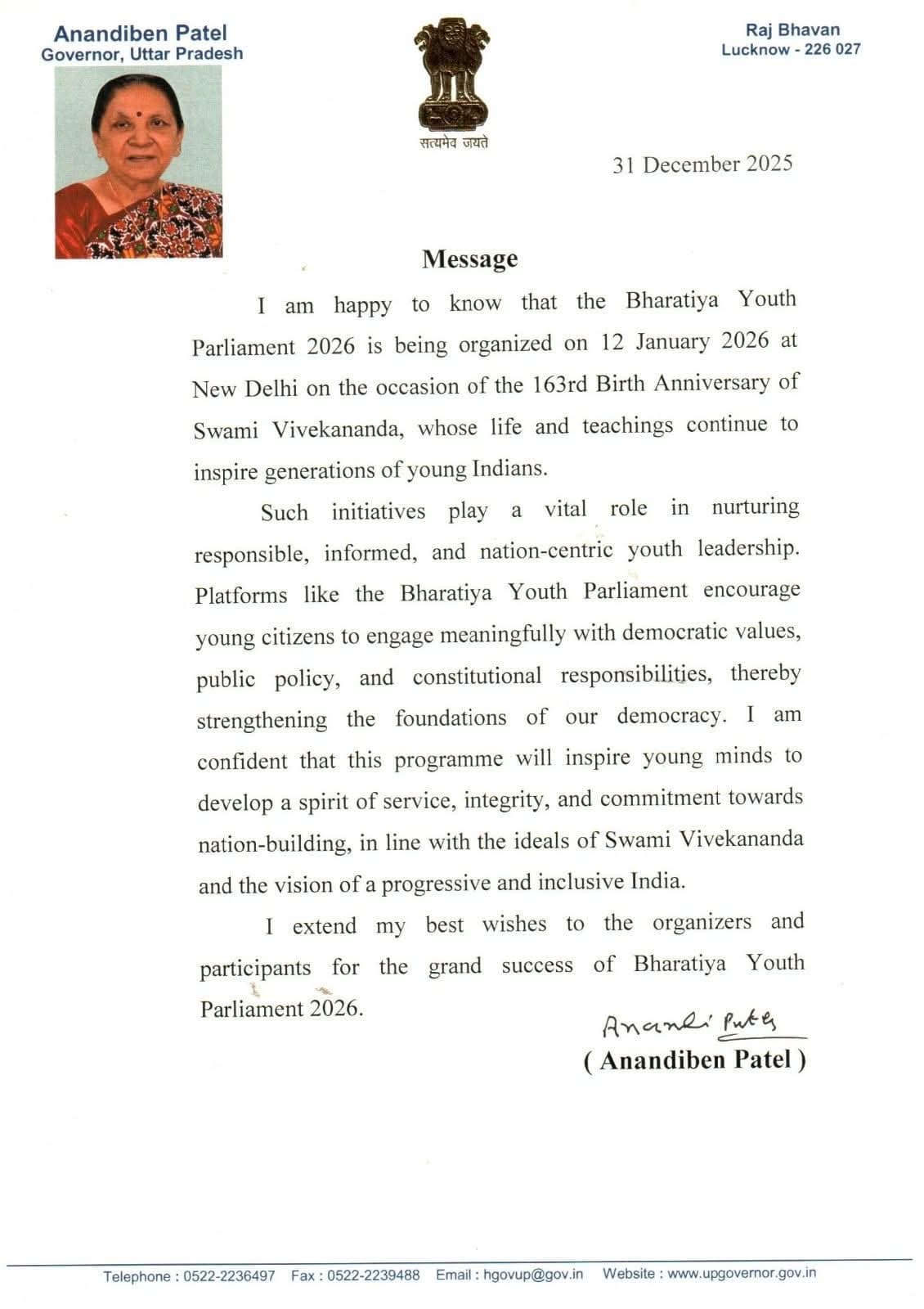 Congratulatory wishes for the successful Bharatiya Youth Parliament 2026